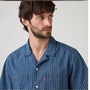 Levi's Men’s Relaxed Fit Navy Plaid Check Short Sleeve Button Up Camp Shirt XXL
